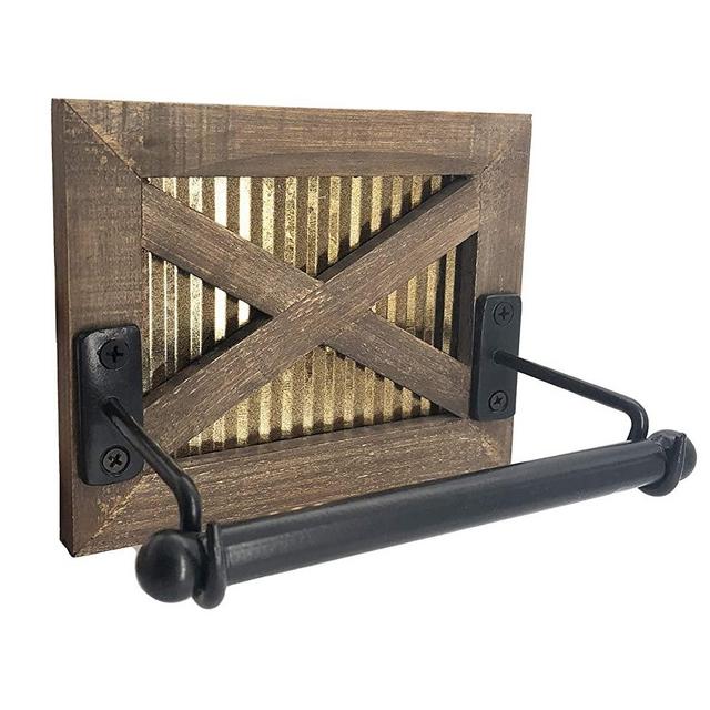 Autumn Alley Rustic Farmhouse Barn Door Toilet Paper Holder | Constructed of Warm Brown Wood, Gold Corrugated Metal and Black Metal | Adds Functional Farmhouse Charm to Your Bathroom