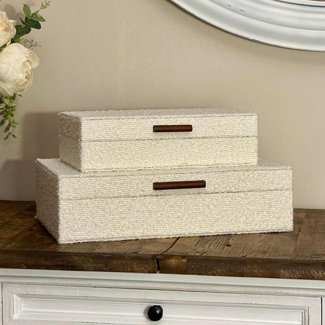HISTOIRE D’ECHOS PARIS Set of 2 Ivory Bouclé Fabric Decorative Boxes with Wooden Handles, Modern Jewelry Boxes, Storage Boxes, Keepsake Boxes, Photo Memory Organizer, 14.2x8.6x3.5in
