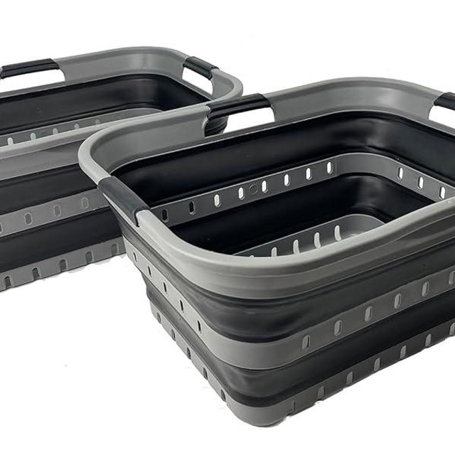 SAMMART 42 (11 Gallons) Collapsible Plastic Laundry Basket, Foldable Pop Up Storage Container/Organizer, Space Saving Hamper, Portable Bin for Dorm Room Bathroom (2, Grey/Black)