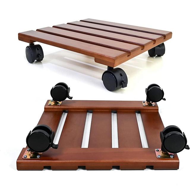 Alladinbox 2-Pack Wooden Plant Stand Caddy with Lockable Wheels Heavy Duty, Brown