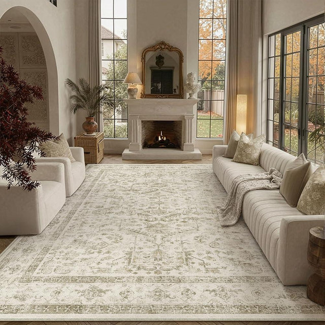 PureCozy Taupe 8x10 Area Rug Vintage Washable Living Room Carpet Non Slip Bedroom Indoor Office Low Pile Large Traditional Distressed Retro Accent Rug for Dining Room Bathroom Kitchen
