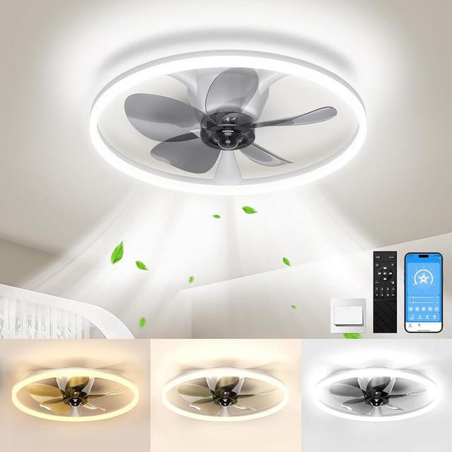 BYHUME 20'' Flush Mount Ceiling Fans with Lights and Remote, 150° Ultra Wide Low Profile Ceiling Fan with 6 Speeds, 3000-6500K Dimmable Led for Bedroom Livingroom, White