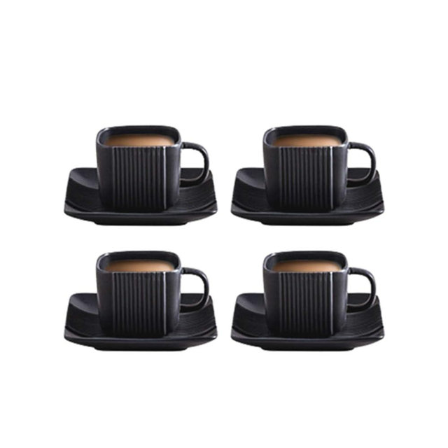 Square Tea Cup Porcelain Coffee Cup with Saucer, 4oz Matte Black