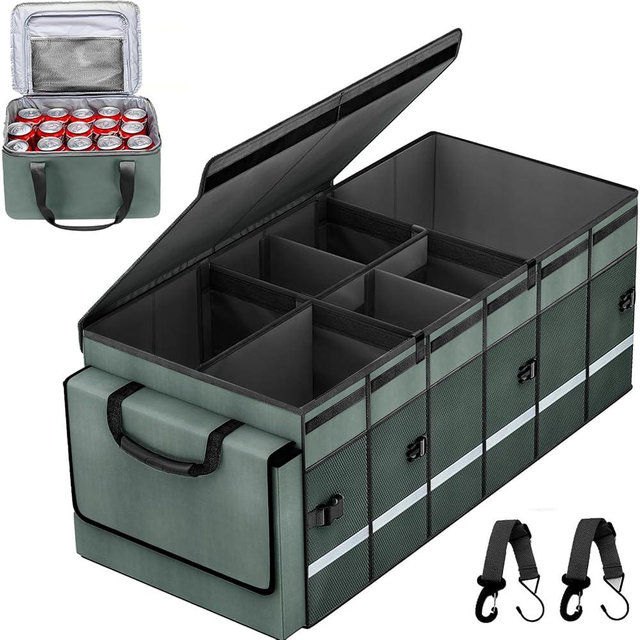 GDNasist Car Trunk Organizer and Storage with Removable Leakproof Cooler Bag, 6 Removable Dividers for Custom Space, Collapsible Trunk Storage with Non Slip Bottom, Foldable Cover for SUV, Jeep, MPVs