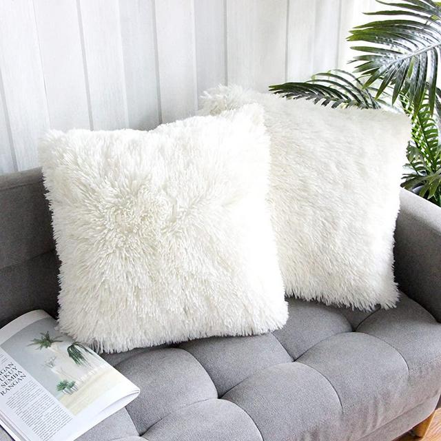Uhomy Home Decorative Luxury Series Super Soft Fluffy Artificial Fur Throw Pillow Case Cushion Cover Set for Sofa True White 20x20 Inch 50x50 cm Set of 2