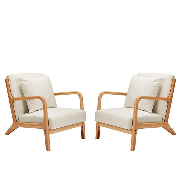 Esright Mid-Century Modern Accent Chair 2 PCS, Fabric Arm Chair, Retro Chair with Arm, Upholstery Linen, Living Room Furniture Beige