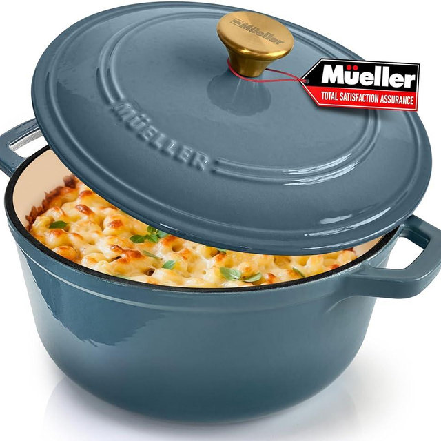MÜELLERHOME 7.5 Quart Enameled Cast Iron Pot Dutch Oven, Heavy-Duty, Oven-Safe up to 500° F & Across All Cooktops, Bread Pan with Lid & Knob, Cast Iron Cookware, Blue Kitchen Accessories, Mineral Blue