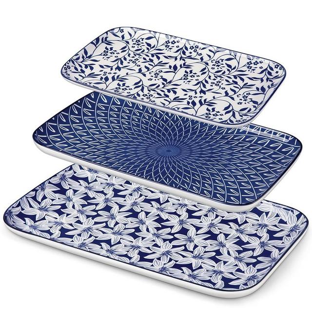 vancasso Serving Platters Set of 3, 16"/14"/12" Inch Rectangular Trays - Serving Platter Extra Large, Ceramic Serving Dish Microwave & Dishwasher Safe (Vintage Blue A)