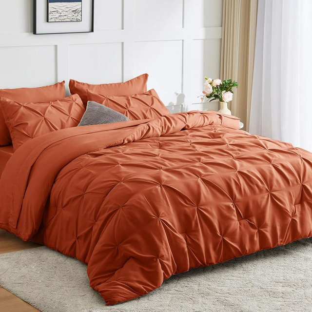 CozyLux King Comforter Set - 7 Pieces Comforters King Size Burnt Orange, Pintuck Bed in A Bag Terracotta Pinch Pleat Bedding Sets with Thick Comforter, Flat Sheet, Fitted Sheet and Pillowcases & Shams