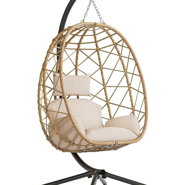 SWITTE Hanging Egg Chair with Stand, Outdoor Indoor Rattan Wicker Egg Swing Chair with Cushion, Heavy Duty Patio Hammock Chairs for Garden Backyard Balcony Bedroom, 400LBS Capacity, Cream