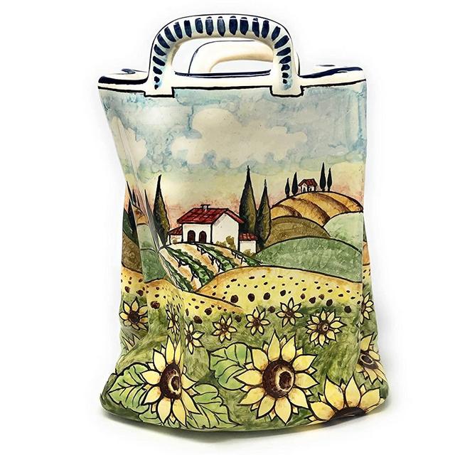 CERAMICHE D'ARTE PARRINI - Italian Ceramic Art Pottery Bag Planter Flowerpot Hand Painted Decorated Sunflowers Landscape Made in ITALY Tuscan