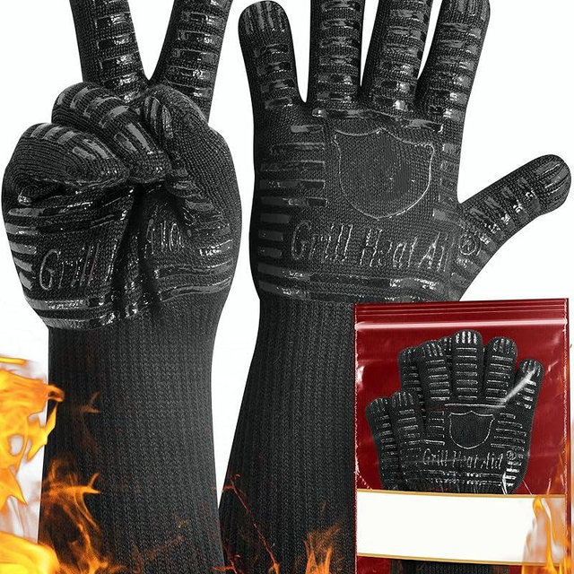 Heat Resistant Silicone BBQ Gloves - Fire Protection up to 1472°F - Insulated Glove Set for Hot Barbecue, Grill, Smoker, Baking, Cooking, and Cutting - Indoor or Outdoor Mitts Fit Men and Women