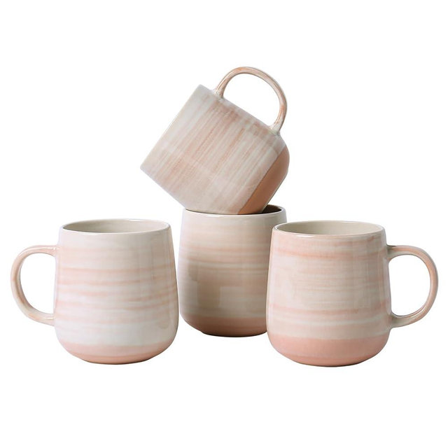 ALOFMO Coffee Mugs, Set of 4 Pink Ceramic Mugs with Subtle Stripe Texture - 12oz Cups, Microwave & Dishwasher Safe, Modern Minimalist Design for Home, Office, Gift Giving
