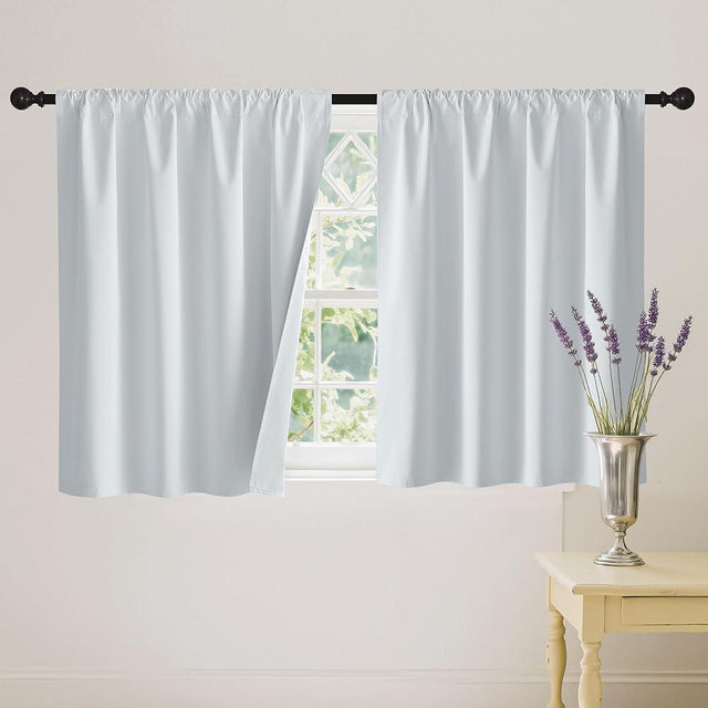 RYB HOME 100% Blackout White Short Curtains, Thermal Insulated Total Room Darkening Noise Reducing Curtains Tier for Cafe Kicthen Basement, 42 inches Wide by 36 inches Long
