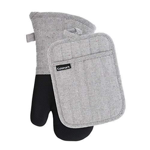 Cuisinart Neoprene Oven Mitts and Potholder Set - Heat Resistant Oven Gloves to Protect Hands and Surfaces with Non-Slip Grip, Hanging Loop - Ideal for Handling Hot Cookware Items - Chevron, Grey