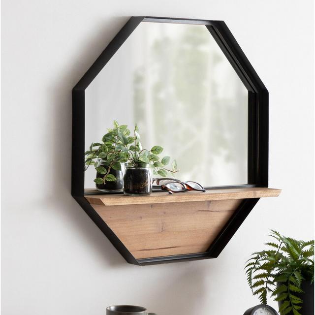 Stingley Rustic Farmhouse Metal Octagon Beveled Frameless Accent Mirror with Shelves