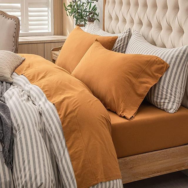 PURE ERA Jersey Knit 4pc Bed Sheet Set 100% T-Shirt Cotton Super Soft Comfy Breathable Fits Mattress Up to 20" Extra Deep Pocket (Solid Burnt Orange, King)