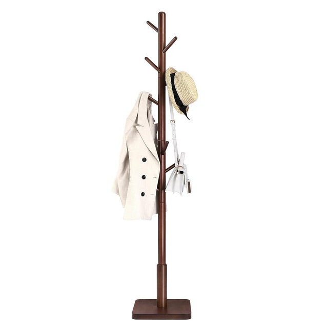 VASAGLE Solid Wood Coat Rack, Free Standing Hall Coat Tree with 8 Hooks, 3 Height Options, for Coats, Hats, Bags, Purses, for Entryway, Hallway, Rubberwood Hooks and Pole, Dark Walnut URCR010W01