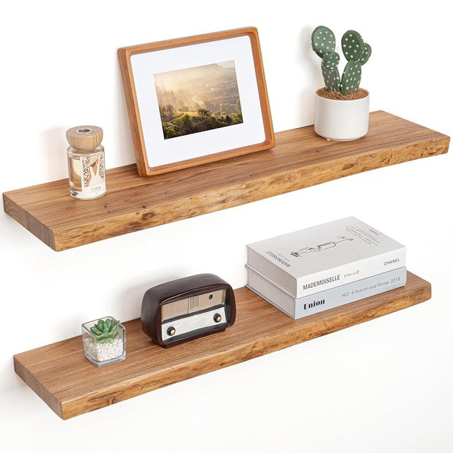 Floating Shelves for Wall Decor, Rustic Solid Elm Wood Live Edge Floating Shelves Wall Mounted, Wall Shelves with Invisible Bracket for Living Room Bathroom Bedroom Kitchen, 32 Inch Set of 2, Natural
