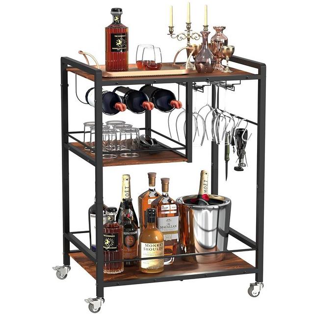 Ailio Bar Cart for Home Portable Rolling with Wheels Wine & Whiskey Beverage Unique Small Space Liquor Coffee Accessories Home Serving Carts Wine Table 3-Tier Utility Black