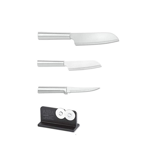 Rada Cutlery Starter Kit 4-Piece Set – Includes Super Parer, Cook’s Utility Plus Quick Edge Knife Sharpener, Brushed Aluminum Handles