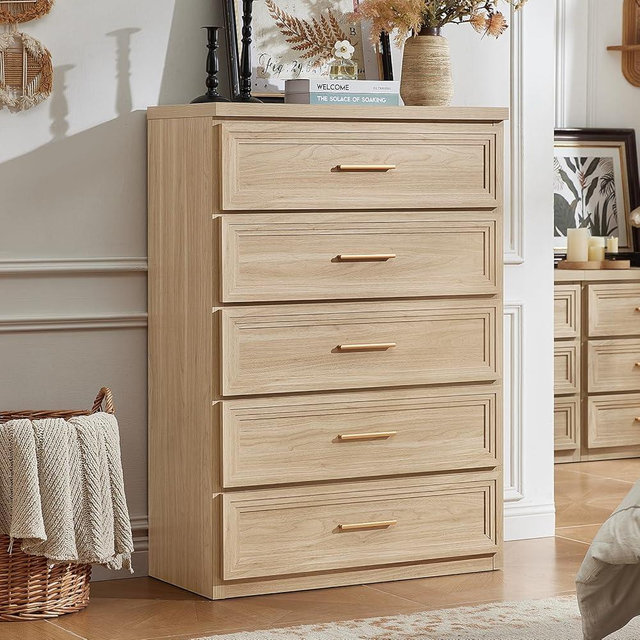 RWYHG Dresser for Bedroom with 5 Drawers 45" Tall Wood Closet Organizer with Metal Handle Furniture for Living Room Hallway Natural