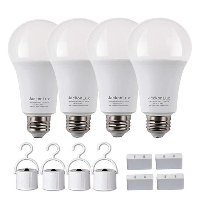 Rechargeable Emergency Light Bulb JackonLux UL Listed Battery Operated Light Bulb Power Outage Camping Reading Lighting Hurricane 9W 850 Lumens Daylight 5000K E26 120 Volt 4-Pack