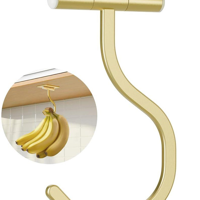 bussdis Banana Hook Under Cabinet - Adhesive Banana Hanger Under Counter, Metal Banana Holder Stand for Hanging Bananas or Kitchen Utensil, Keeps Bananas Fresh, Gold, 1 Pack