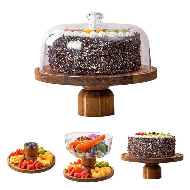 YALONG Wooden Cake Stand with Lid - 12 Inch Acacia Wood Cake Plate & Serving Tray, Features a Shatter-Resistant Acrylic Cake Dome for Parties, Cake Display, Charcuterie, Fruit, and Kitchen Serving