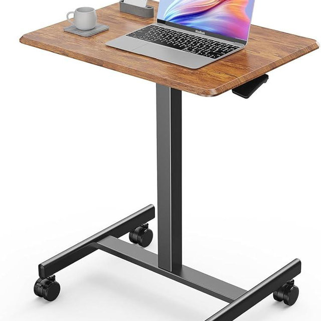Sweetcrispy Mobile Small Stading Desk - Sit Stand Desk, Portable Rolling Laptop Desk with Lockable Wheels, Overbed Table with Wheels Adjustable Height, Computer Workstations, Brown
