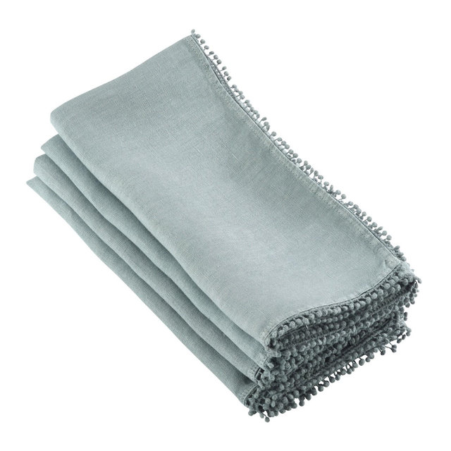 Saro Lifestyle 100% Linen Pompom Design Dinner Table Napkins , Gray, 20" x 20"