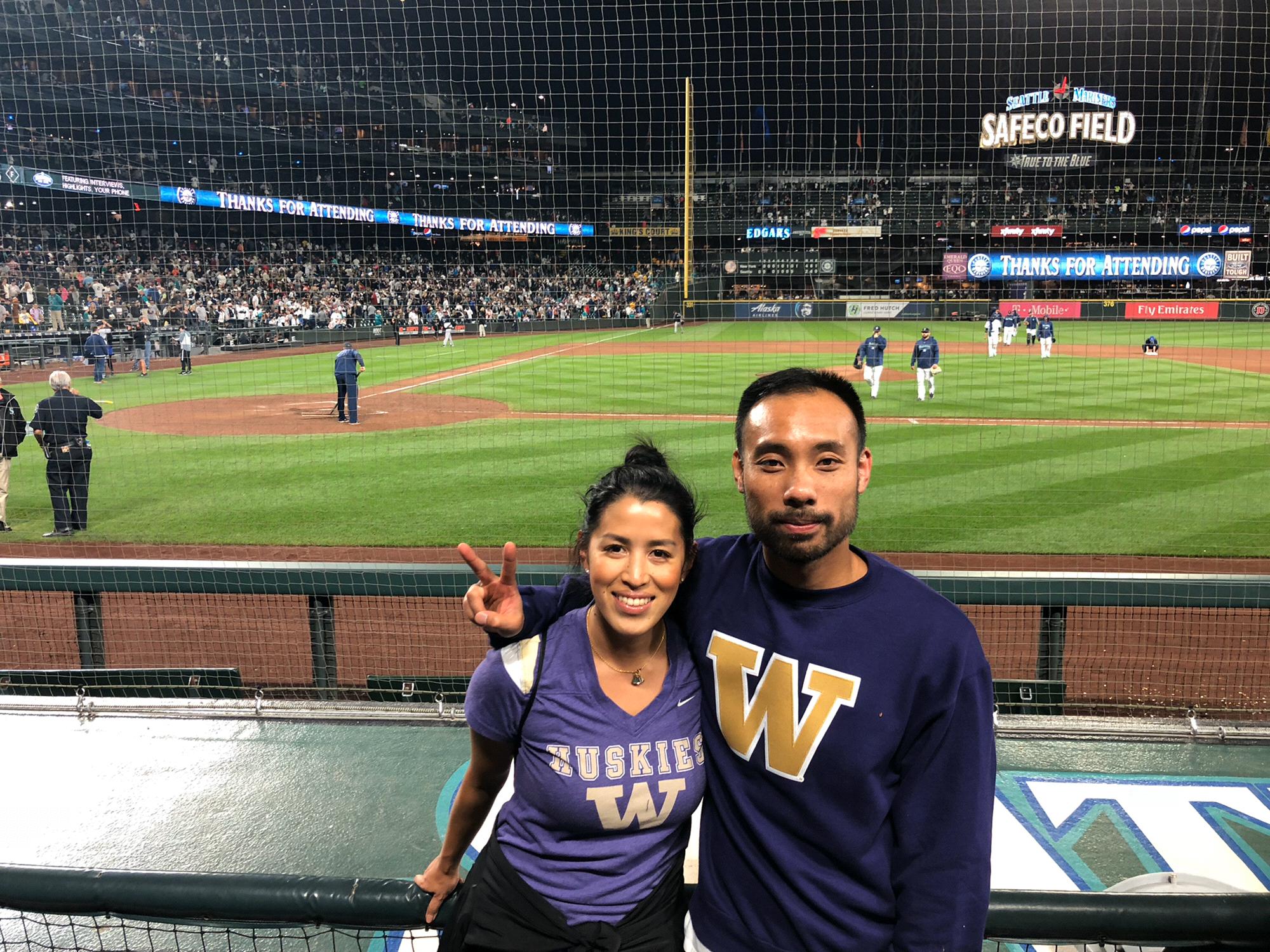 We love sports, and go to all local sports games! This picture was a double header - Husky game first, then why not.. a Mariners game, where we made it on the big screen twice!