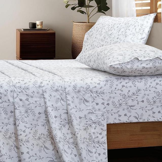 HYPREST 100% Cotton Sheets Queen Floral Patterned- 600 TC Deep Pocket Queen Sheets up to 18", Crispy Percale Bed Sheets Soft Breathable Durable