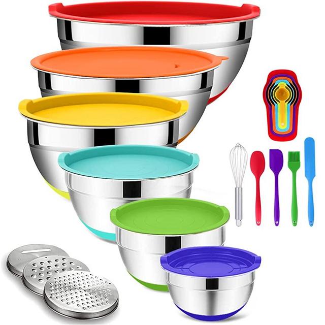 Mixing Bowls with Airtight Lids, 20PCS Stainless Steel Mixing Bowls Set, Nesting Bowls with 3 Grater Attachments, Measurement Marks&Non-Slip Bottoms, Size7, 4, 3, 2, 1.5, 1QT Bowls for Baking&Prepping