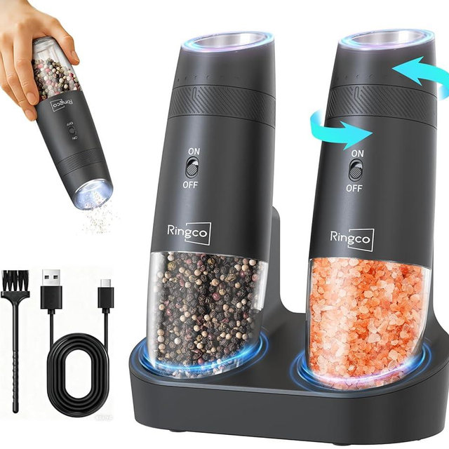 Ringco Gravity Electric Salt and Pepper Grinder Set with Charging Base, Automatic Gravity Salt and Pepper Mill with Adjustable Coarseness, LED Light, 135ml Large Capacity, Gifts for Women