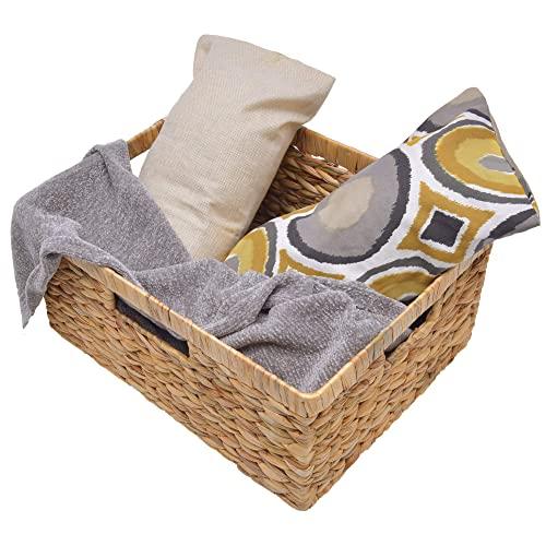 StorageWorks Jumbo Rectangular Wicker Basket, Water Hyacinth Storage Basket with Built-in Handles, 16.3” x 13” x 7.5”