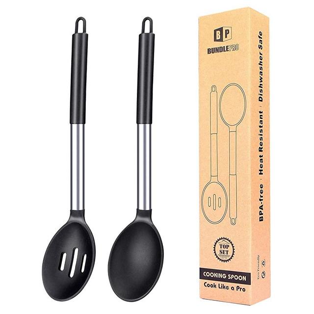 Pack of 2 Large Silicone Cooking Spoon,Non Stick Solid Basting Spoon,Heat-Resistant Kitchen Utensils for Mixing,Serving,Draining (Black)