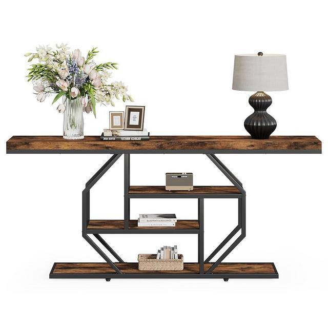 LITTLE TREE 70.9" Extra Long Console Table, 4-Tier Modern Gold Entryway Table with Open Shelves, Sofa Table for Living Room, Hallway, Entrance, Brown
