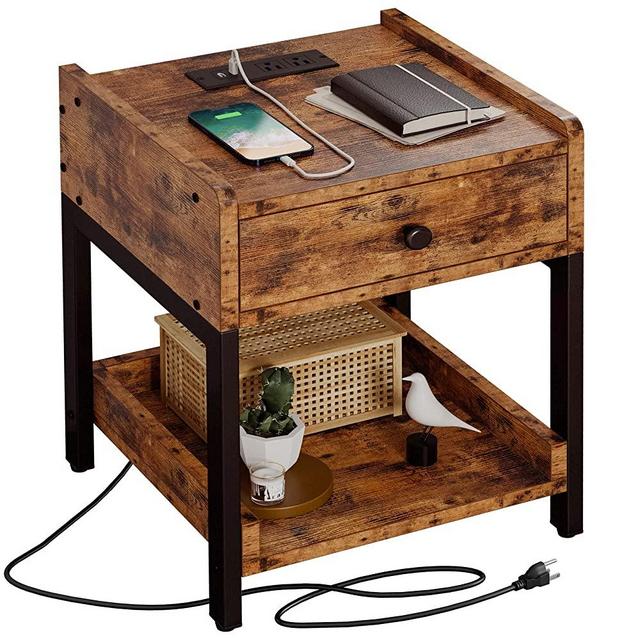 LIKIMIO Nightstand, Bedside Table with Charging Station, Small End Table with Storage Drawer and Shelf for Bedroom and Living Room, Easy Assembly, Stable and Sturdy, Vintage Brown