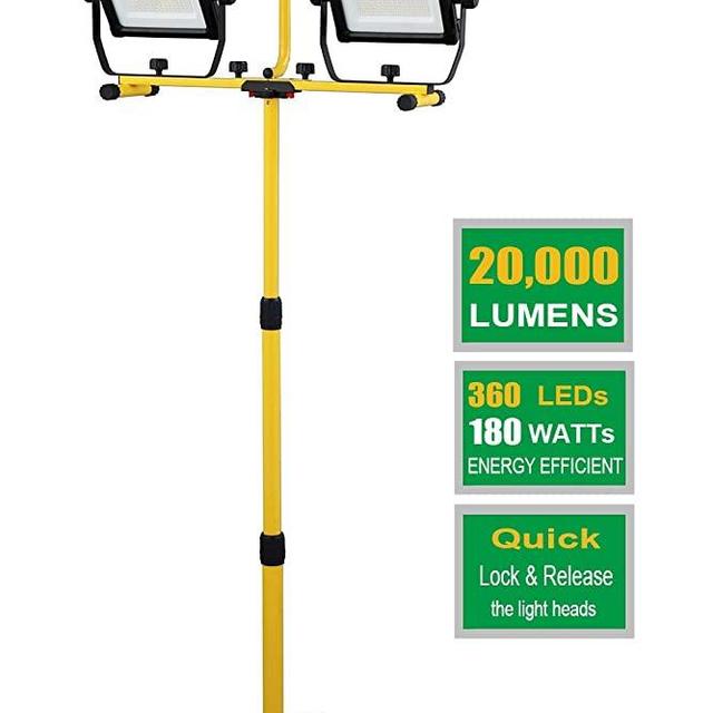 DAYATECH 180W 20000 Lumen Dual-Head LED Work Light with Metal Telescopic Tripod Stand,10 Ft Power Cord