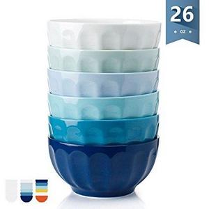 Sweese 1112 Porcelain Fluted Bowls - 26 Ounce for Cereal, Soup and Fruit - Set of 6, Cold Assorted Colors