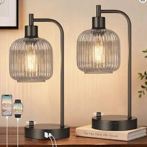 QiMH Industrial Table Lamp for Bedroom Set of 2, Grey Glass Beside Lamp with USB A&C Ports, Stepless Dimmable Black Lamps, Nightstand Lamps for Living Room, Office, Home Decor(Bulb Included)