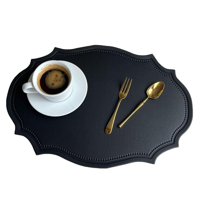 Leather Washable Placemats, Black Thick Faux Leather Heat Resistant Elliptical Shape Table Mats,Waterproof Non-Slip Easy to Clean Place mat for Kitchen Coffee Dining Room Table Set of 6
