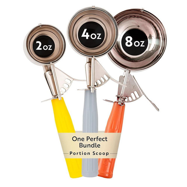 Restaurantware Bundle: 3 Ice Cream Scoops Trigger Release Stainless Steel Dishers 2/4 / 8 Ounce Cookie Scoops For Baking, Yellow, Gray and Orange, Portion Control, Cookie Dough, Cupcake Batter