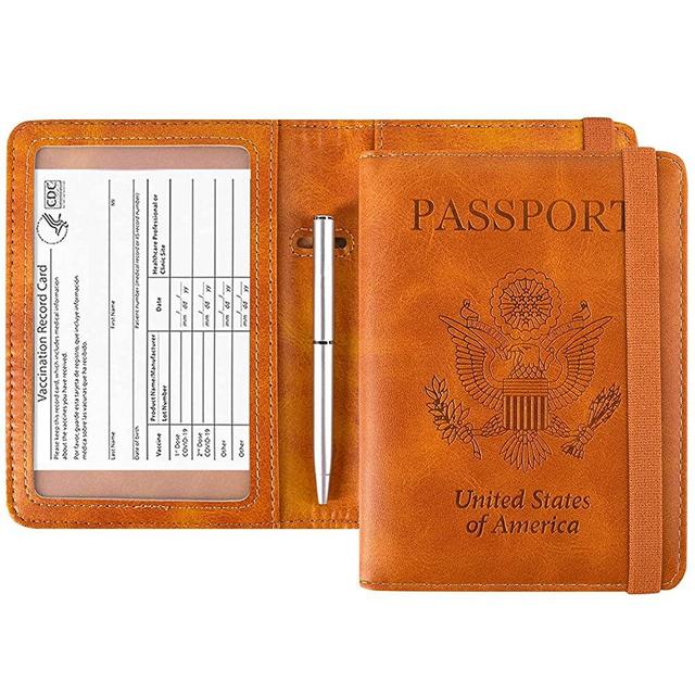 ACdream Passport and Vaccine Card Holder Combo, Cover Case with CDC Vaccination Card Slot, Leather Travel Documents Organizer Protector, with RFID Blocking, for Women and Men/ Brown
