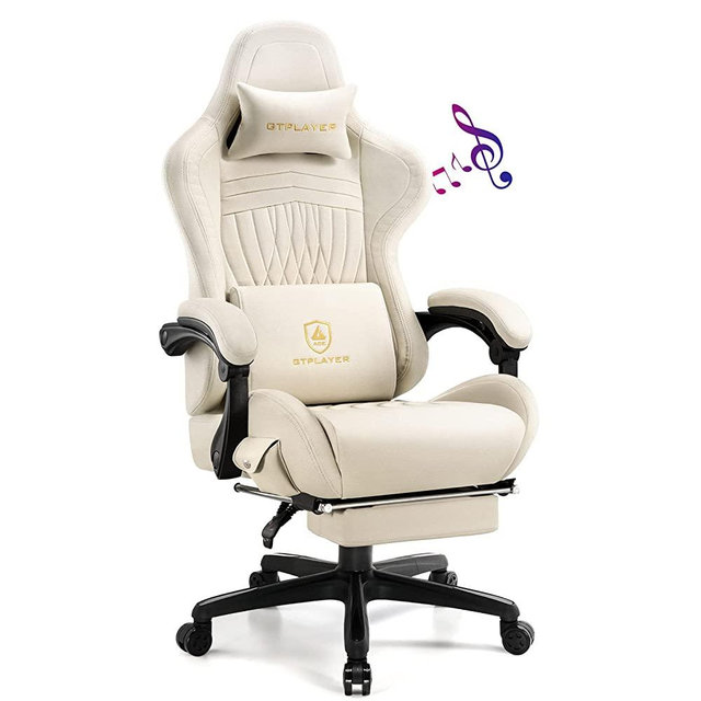 GTPLAYER Gaming Chair with Speakers, Computer Chair with Footrest, High Back Ergonomic Gaming Chair, Reclining Gaming Chair with Linkage Armrests for Adults (Ivory)