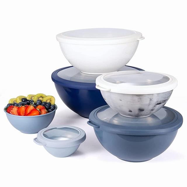 COOK WITH COLOR Mixing Bowls with TPR Lids - 12 Piece Plastic Nesting Bowls Set includes 6 Prep Bowls and 6 Lids, Microwave Safe Mixing Bowl Set (Blue and White)