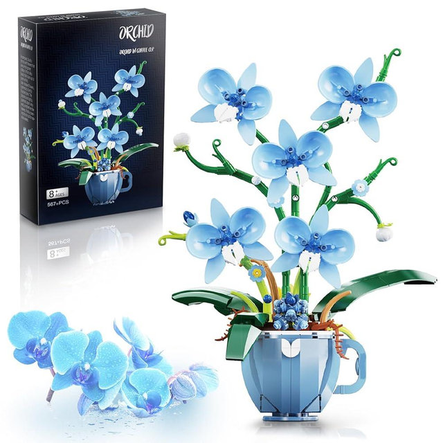 Blue Orchid Flower Building Set with Vase for Adults, Compatible with Lego Botanical Flowers, 567pcs Ideas Plant Collection Toys for Home and Office Decor, Gifts for Christmas Mother's Day