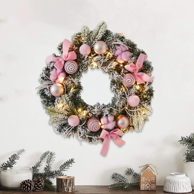 JOYWU Christmas Wreath with Led Light,16 in Lighted White Snow Flocked Winter Wreaths with Xmas Ball,Bow,Ribbon and Gifts Box,Snowy Flocked Xmas Wreath Decor for Fireplaces Walls Windows (Pink)