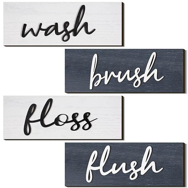 4 Pieces Farmhouse Bathroom Wall Decors Wash Brush Floss Flush Signs Rustic Hanging Wooden Signs Primitive Bathroom Wall Arts Vintage Wooden Decorations for Home Laundry Room Bathroom (Gray, White)